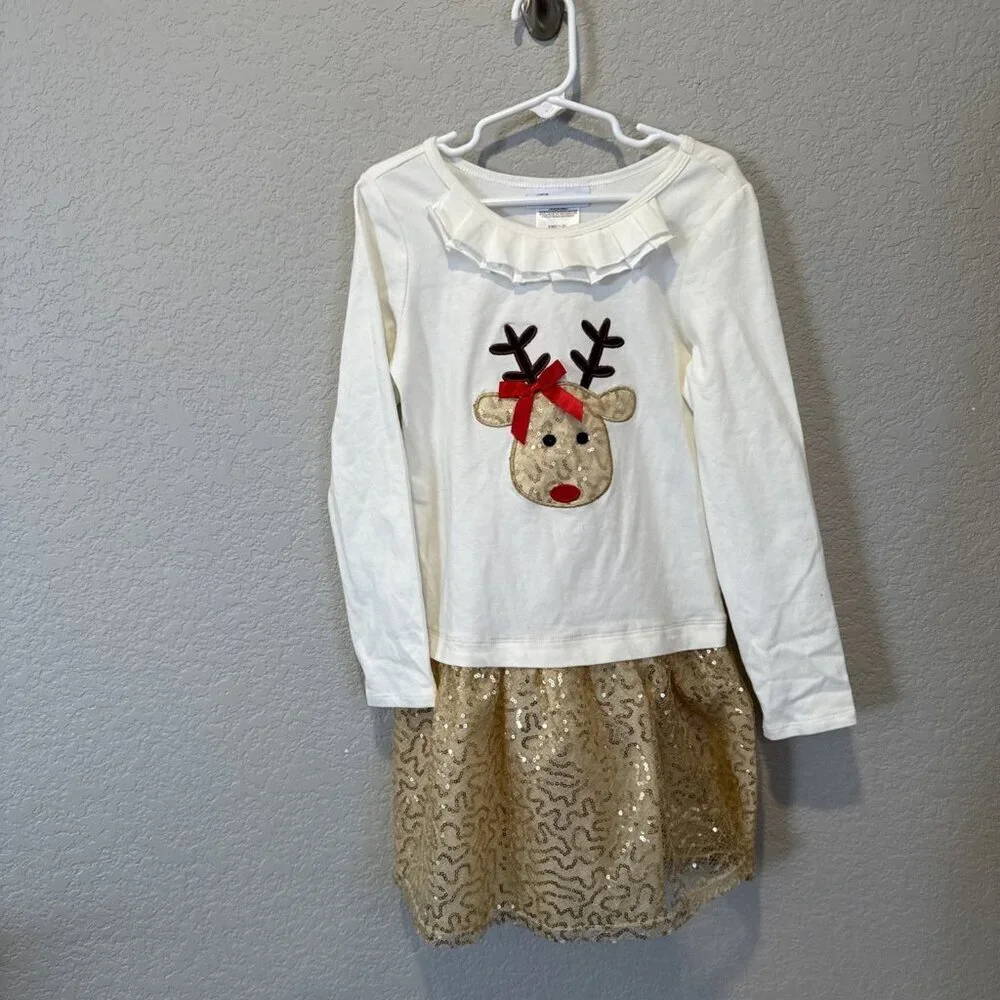 Bonnie Jean Girls Size 6x Reindeer Christmas Dress Gold Sparkle Rudolph Holiday